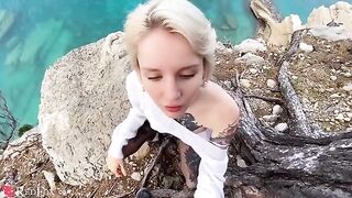 A cute girl passionately sucks the penis of her ex-boyfriend on the ocean shore