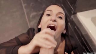 Extra small brunette Danika Mori shakes with pleasure on vacation
