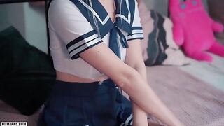 Schoolgirl with cute face Eva Elfie gets her pussy filled with cum