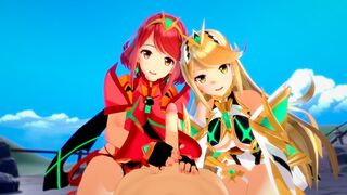 Pyra and Mythra are having a threesome sex party in 3D hentai style