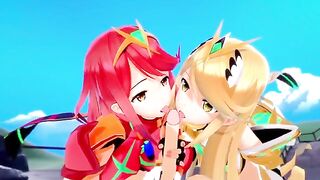 Pyra and Mythra are having a threesome sex party in 3D hentai style