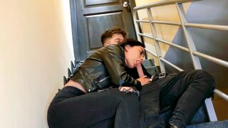 A hot chick is fucking with her boyfriend on stairs