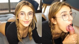 A girl with a cute face swallows the entire cock, showcasing her amazing talent