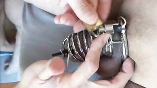 Prostate stimulation with chastity belt and E-stim for intense release