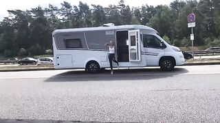 Public sex in wet look leggings on the A1 motorway, cum everywhere