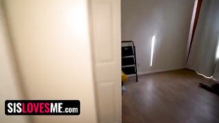 A cute step sister performs a naughty show for her online followers, but gets interrupted