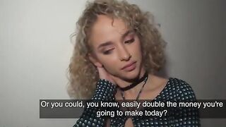 Petite Spanish babe gets fucked by a stranger in the hallway for cash