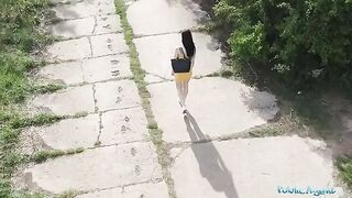 A pervert guy spied on a hot babe taking a piss with his drone and fucked her Public Agent style