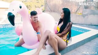 Petite brunette Andreina Deluxe gets banged by a huge dick at the pool