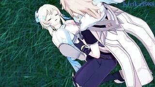 Aether and Lumine have sex in the meadow at night - Genshin Impact Hentai