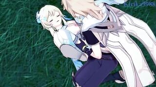 Aether and Lumine have sex in the meadow at night - Genshin Impact Hentai