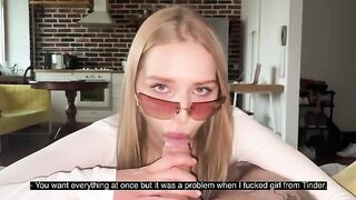 Pretty woman has sex with her guy and gets cum on her glasses