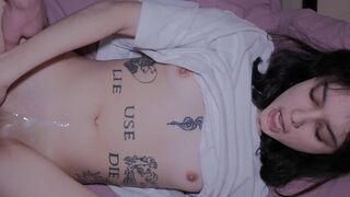 A beautiful girl with pink pussy gets cum on her face