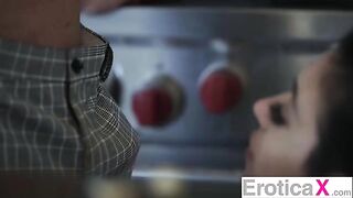 The cute couple has passionate sex right in the kitchen