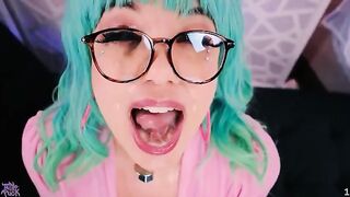 Facials on the nerdy glasses girl, sticky and wet with cum, she loves it!