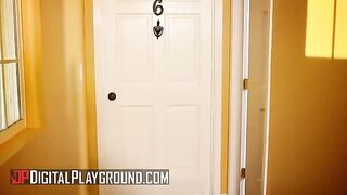 Scarlet Red and Clover fuck hard while their neighbor masturbates to their moans