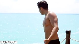 Petite brunette Gianna Dior stuck on desert island, seduces for survival in HD