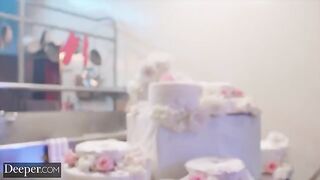 The baker competes with her colleague, showcasing her stunning 34F curves in the kitchen