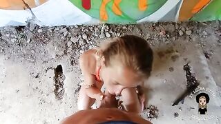 A cute blonde has sex with a guy in an abandoned building, no condom