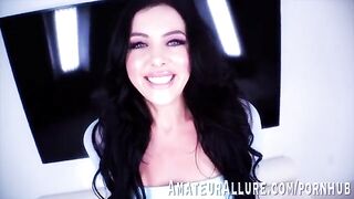 Theodora Day is a sexy brunette with captivating blue eyes who loves to ride cock