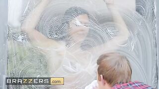 Ruby Sims teases the window cleaner with her lingerie and body before letting him fuck her