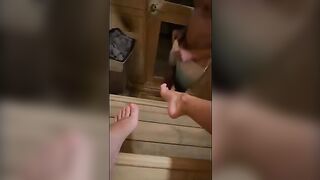 This guy masturbates in sauna and I deepthroat his cock