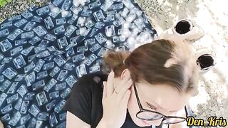 A lot of semen on the cute schoolgirl's face and hair
