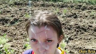 A lot of semen on the cute schoolgirl's face and hair