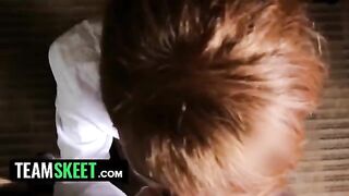 Ginger housekeeper Abbey Rain gets dropped to her knees