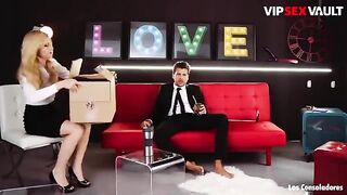 Petite brunette Claudia Bavel learns to love a threesome