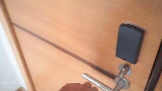 Slim curly Evie gets her pussy full of cum, stuck under couch