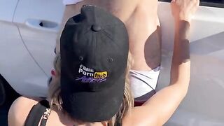 A wife gets fucked by two guys and receives a creampie on a public road in the Nevada desert