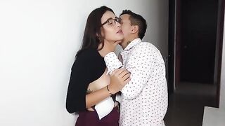 My clumsy girl colleague is being paid by her boss in a steamy office scene