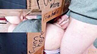 A girl in a glory hole was fucked three times with her pussy