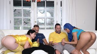 Two hot stepdaughters in costumes, Keira and Penelope, getting fucked by their stepdads