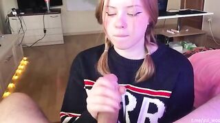 The student gently sucks cock and gets cum on her tongue