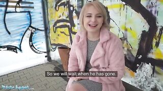 A blonde teen with short hair got fucked on a bus stop for cash
