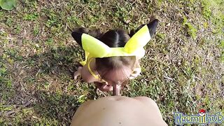 A Japanese girl is tenderly fucked outdoors in this uncut scene