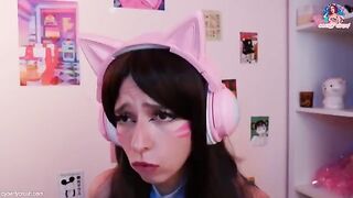 Gamer girl in Dva cosplay, riding a dildo and playing Overwatch
