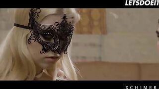 Blonde babe Misha Cross gets her pussy railed by two cocks in a passionate session