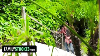 Two playful teens caught painting their tits on 4th of July