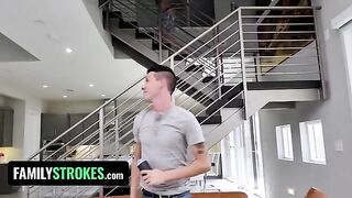 Two step brothers shared the cock sucking experience with a huge tits step sis
