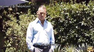 A cute girl was seduced by her boyfriend's well-built daddy by the pool
