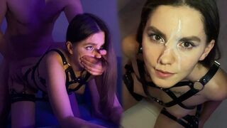 Hot brunette in harness, stunning cum face, jumping on my dick