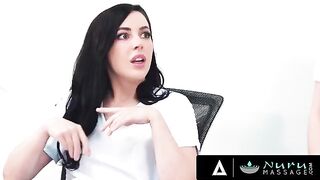 A sexy girl is having fun with her colleague on a massage table