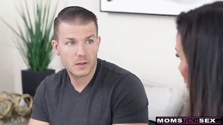 A tall and busty stepmom, Shay Sights, seduces her stepson in a taboo encounter