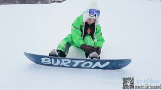 A girl tried exposed snowboarding at the ski resort, experiencing intense action