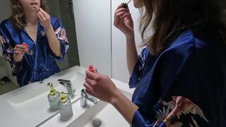 French student gets fucked hard in the bathroom early in the morning