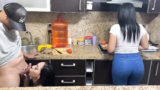 Beautiful 18-year-old step-daughters cook and have sex with their stepfather in the kitchen