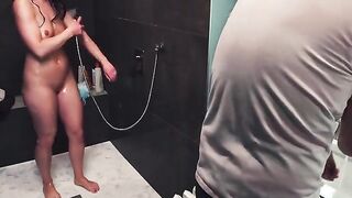 A hand job went wrong in the shower, and the guy finished with nothing
